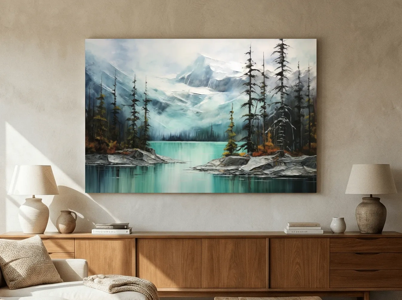 Misty Turquoise Mountain Lake Painting - Serene Alpine Forest Landscape Wall Art