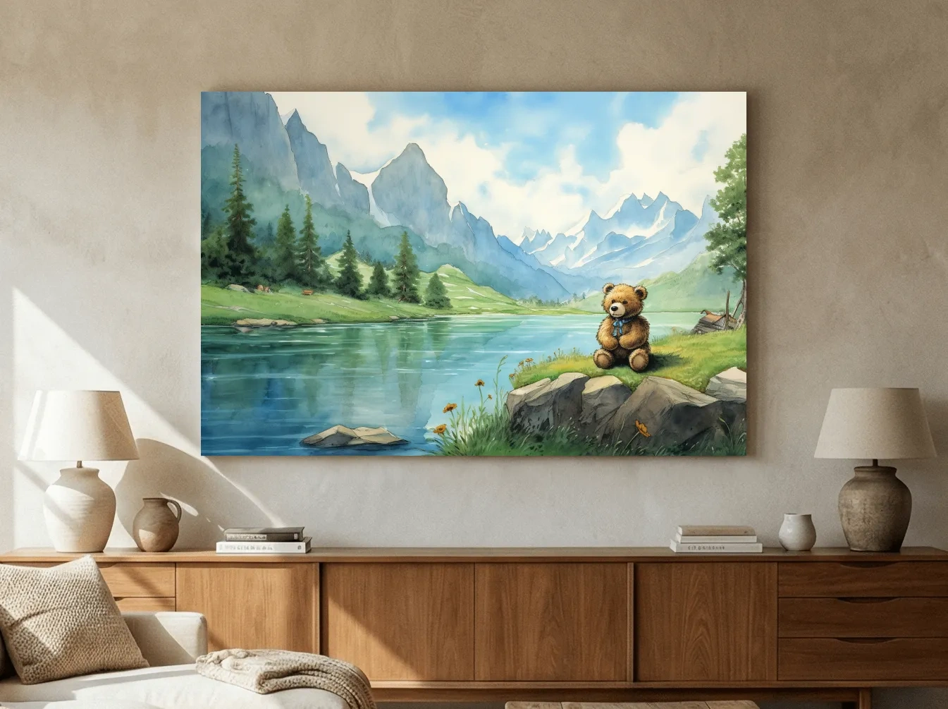 Whimsical Teddy Bear By Mountain Lake - Cute Watercolor Nursery Wall Art