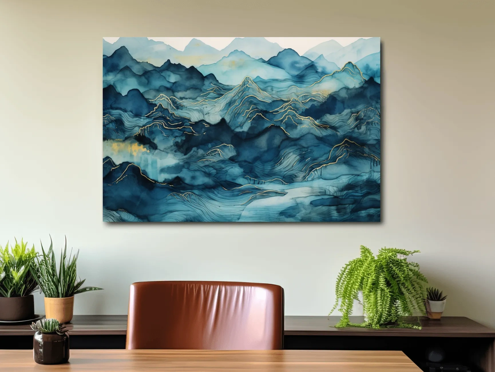 Watercolor Mountain Range With Gold Linework - Abstract Landscape Wall Art
