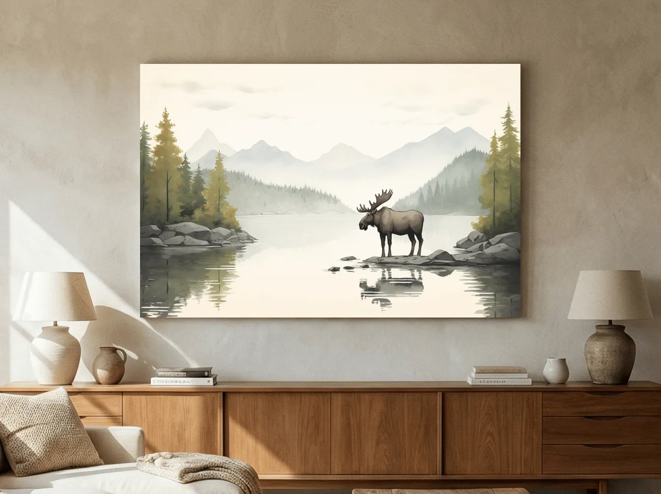 Childrens nursery illustration of a moose by a lake
