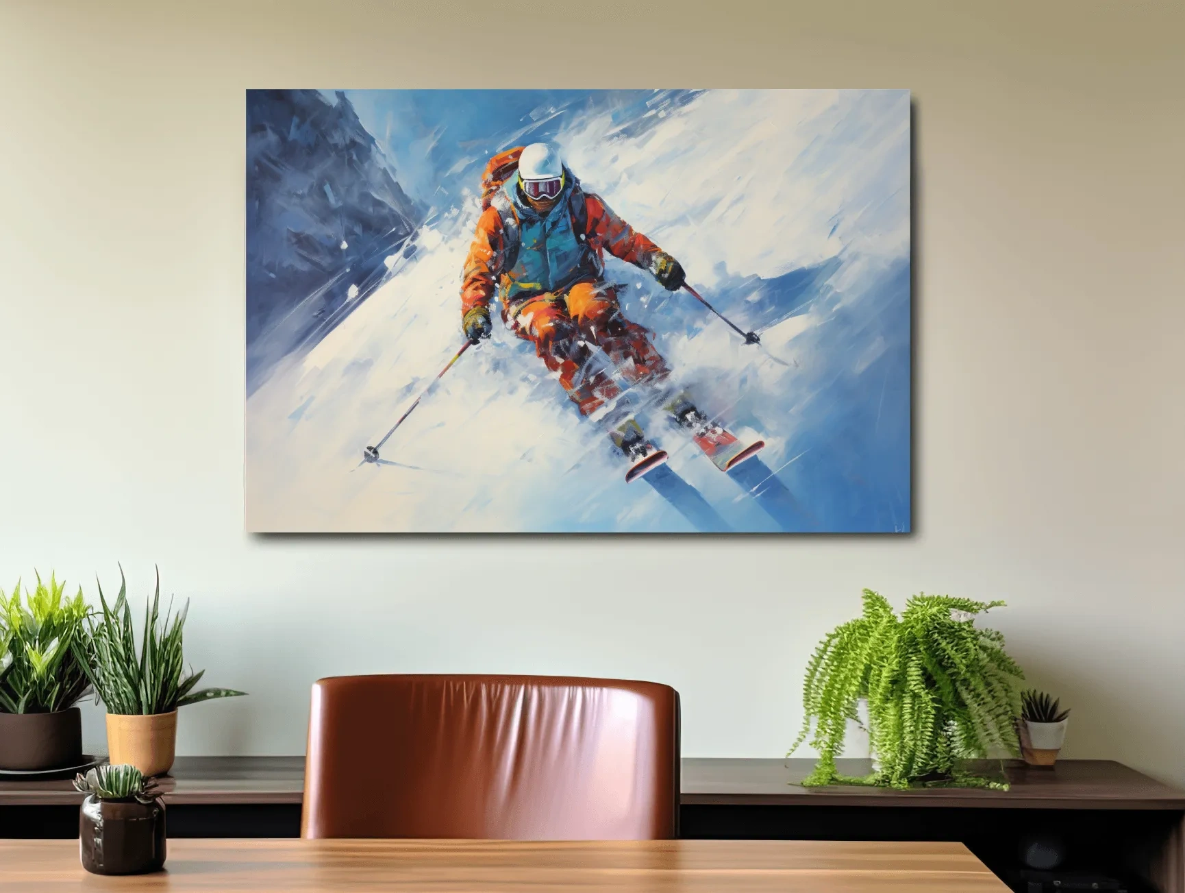 Dynamic Downhill Skier Painting - Snowy Alpine Adventure Wall Art