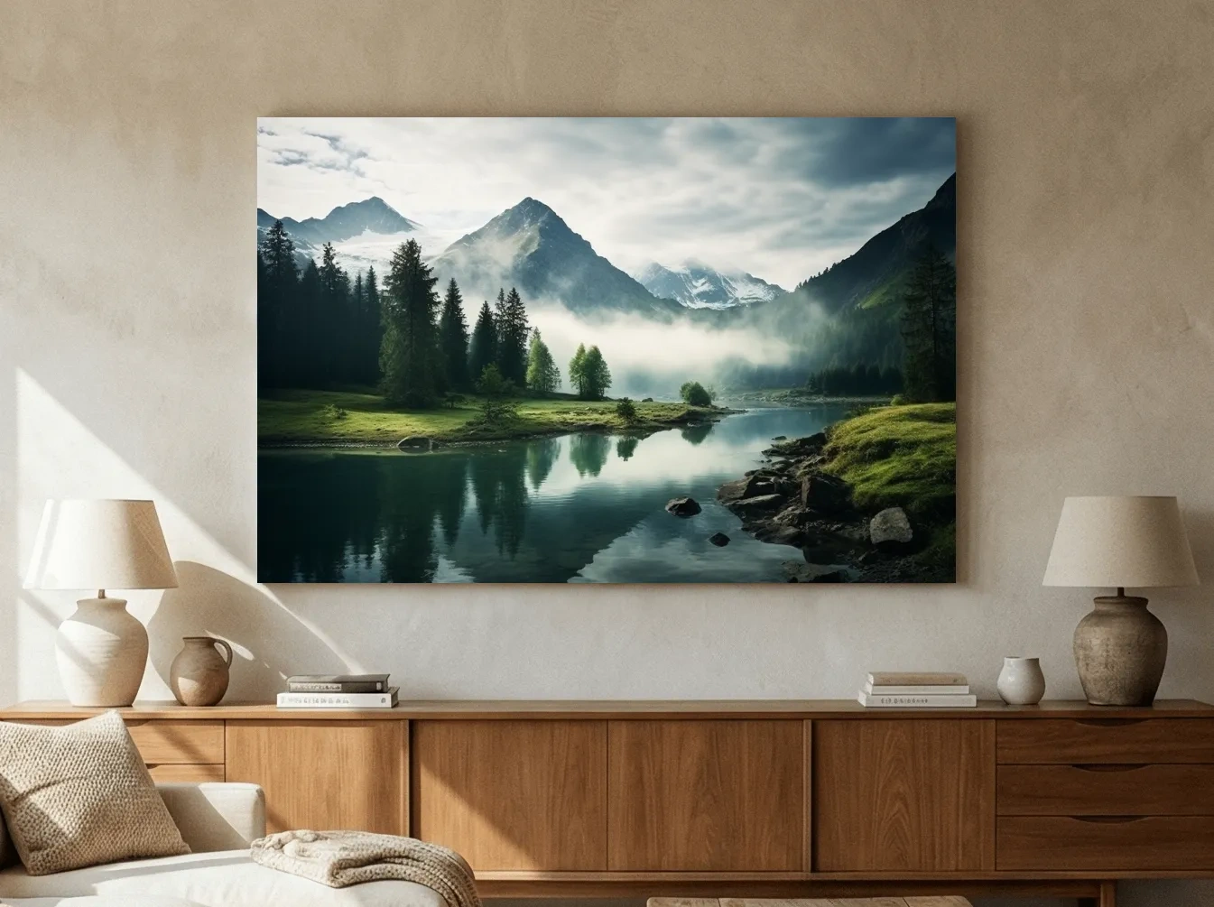 Misty Alpine Lake Reflection Landscape - Mountain Forest Photographic Wall Art