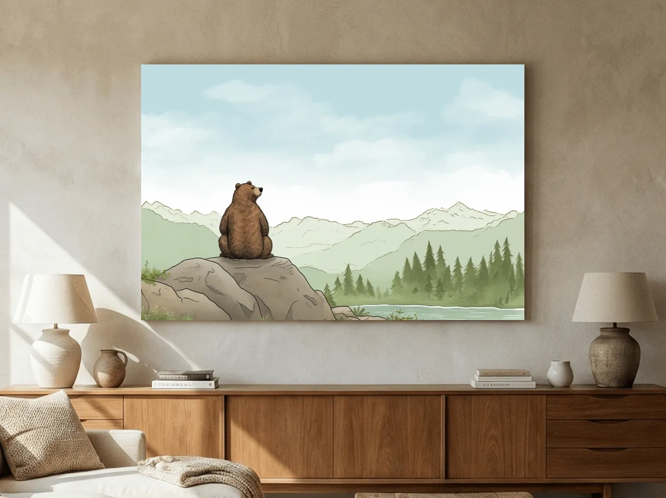 Whimsical Bear Overlooking Mountains - Cute Illustrated Nursery Wall Art