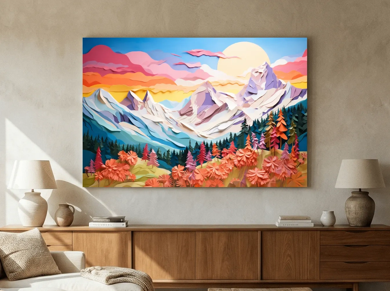 Layered 3D Paper Cut Mountain Sunrise Landscape - Colorful Alpine Meadows Wall Art Print
