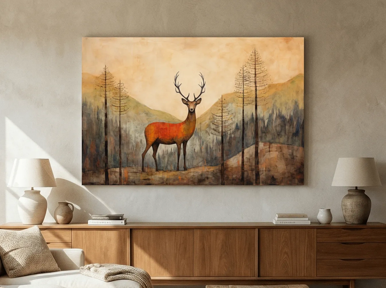 Rustic Woodland Stag Watercolor Painting - Autumn Mountain Forest Wildlife Wall Art