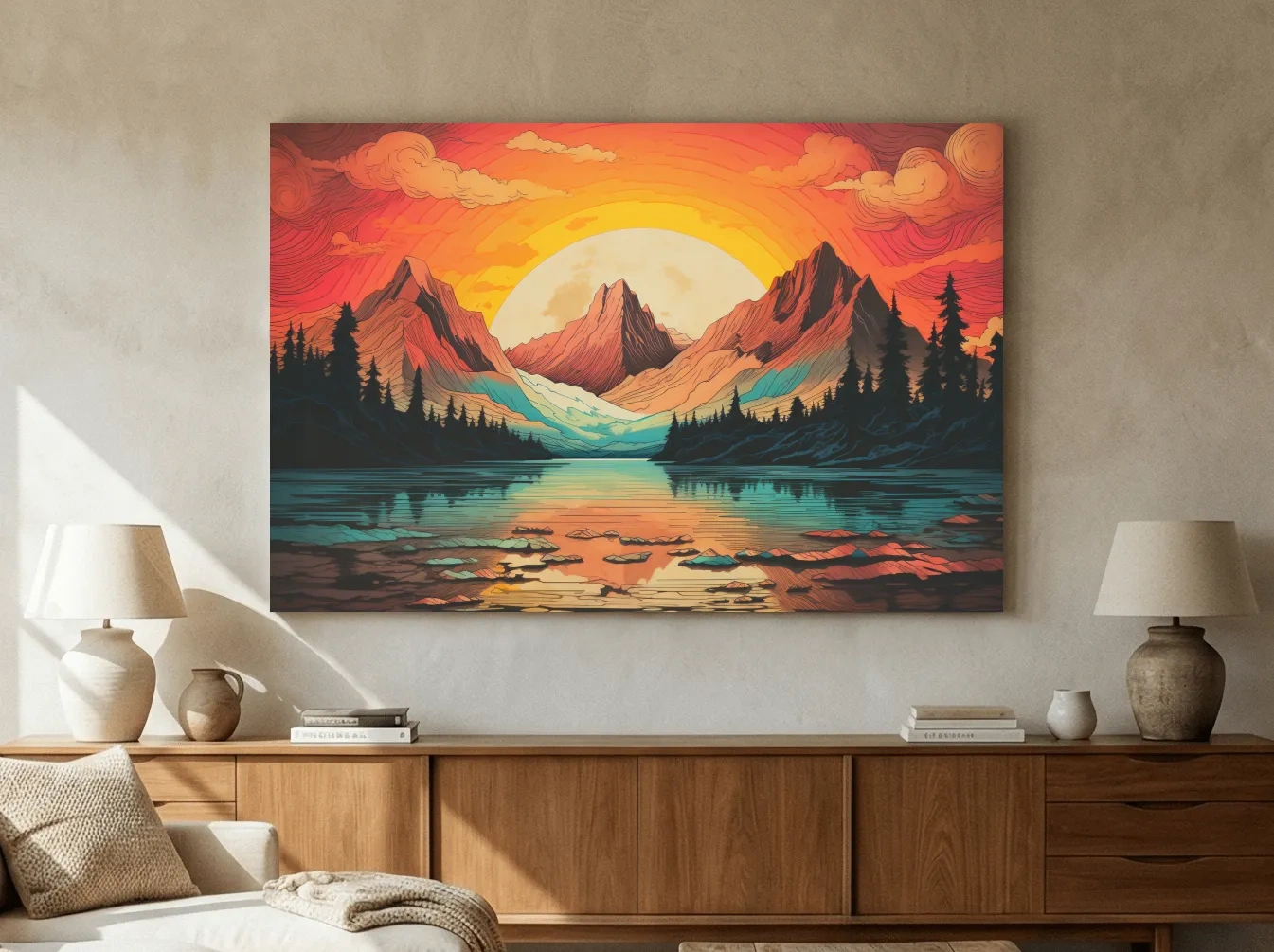 Vibrant Retro Alpine Lake Sunset - Stylized Mountain Wall Art