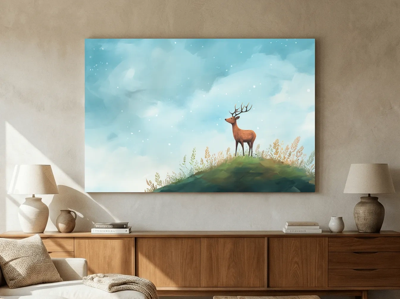 Whimsical Watercolor Stag On Meadow Hill - Nursery Woodland Wildlife Wall Art