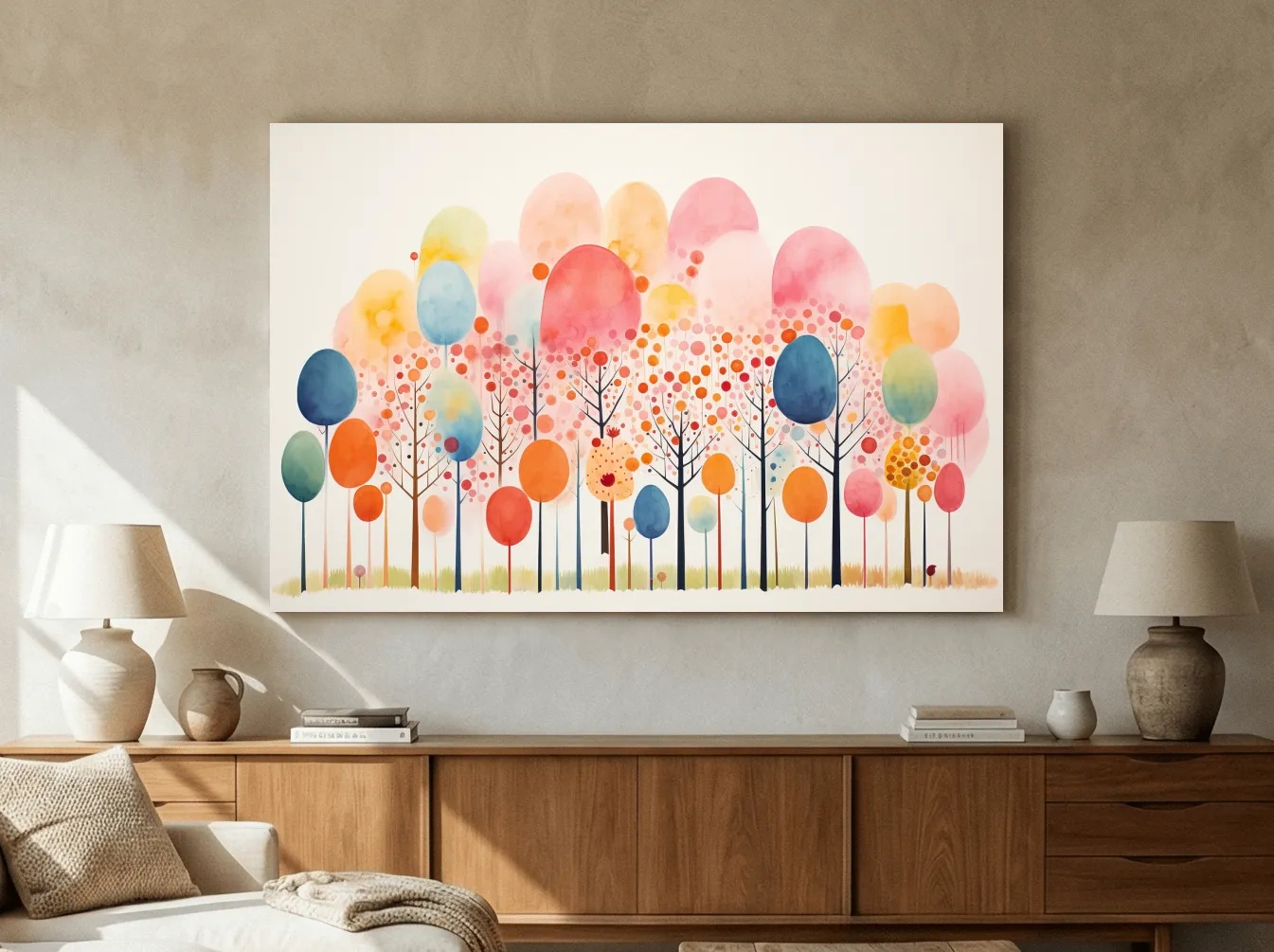 Whimsical Pastel Watercolor Forest Trees - Colorful Nature Wall Art