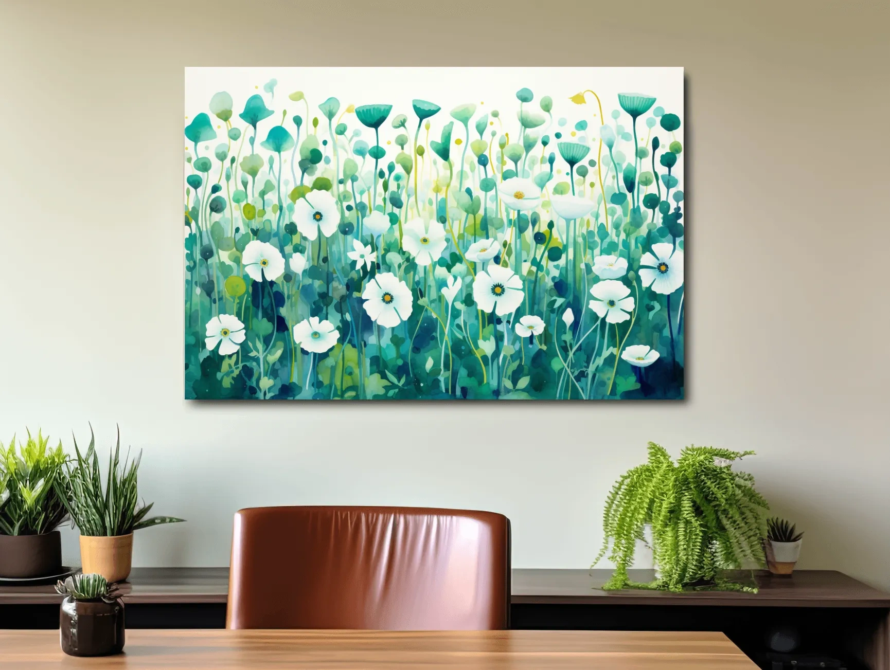 Painting of green flower patterns, colorful floral wall art