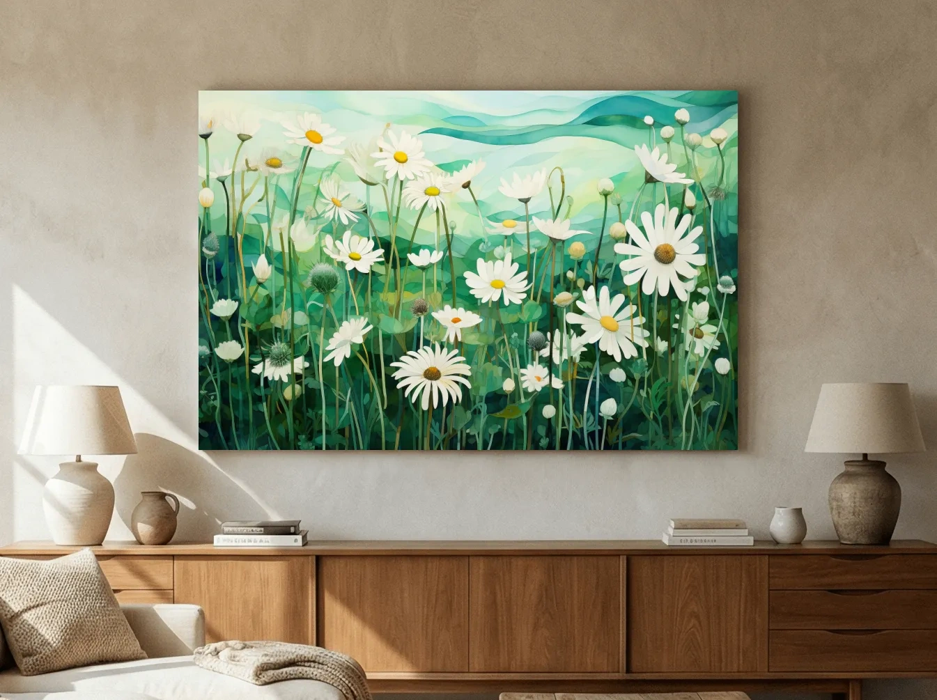 Whimsical Wild Daisy Meadow Landscape - Botanical Watercolor Style Wall Art