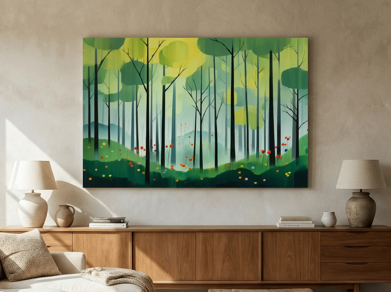 Whimsical Misty Forest Grove Illustration - Woodland Landscape Wall Art