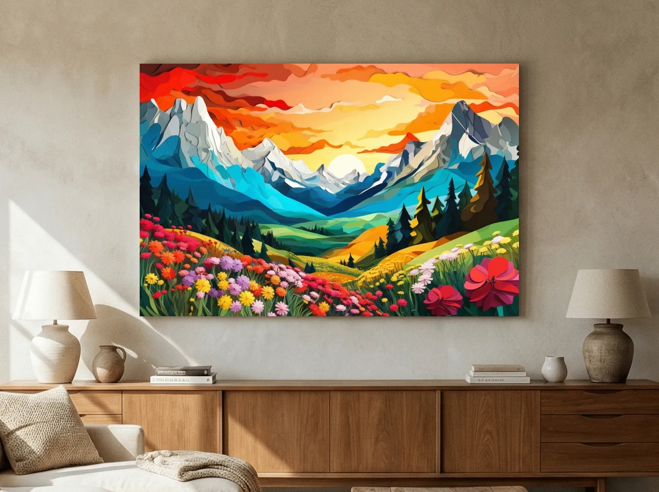 Vibrant Wildflower Mountain Valley Sunset - Colorful Paper Cutout Style Wall Art