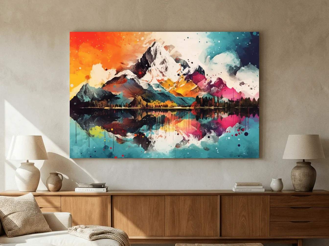 Vibrant Abstract Mountain Lake Collage Artwork - Colorful Watercolor Splash Wall Art