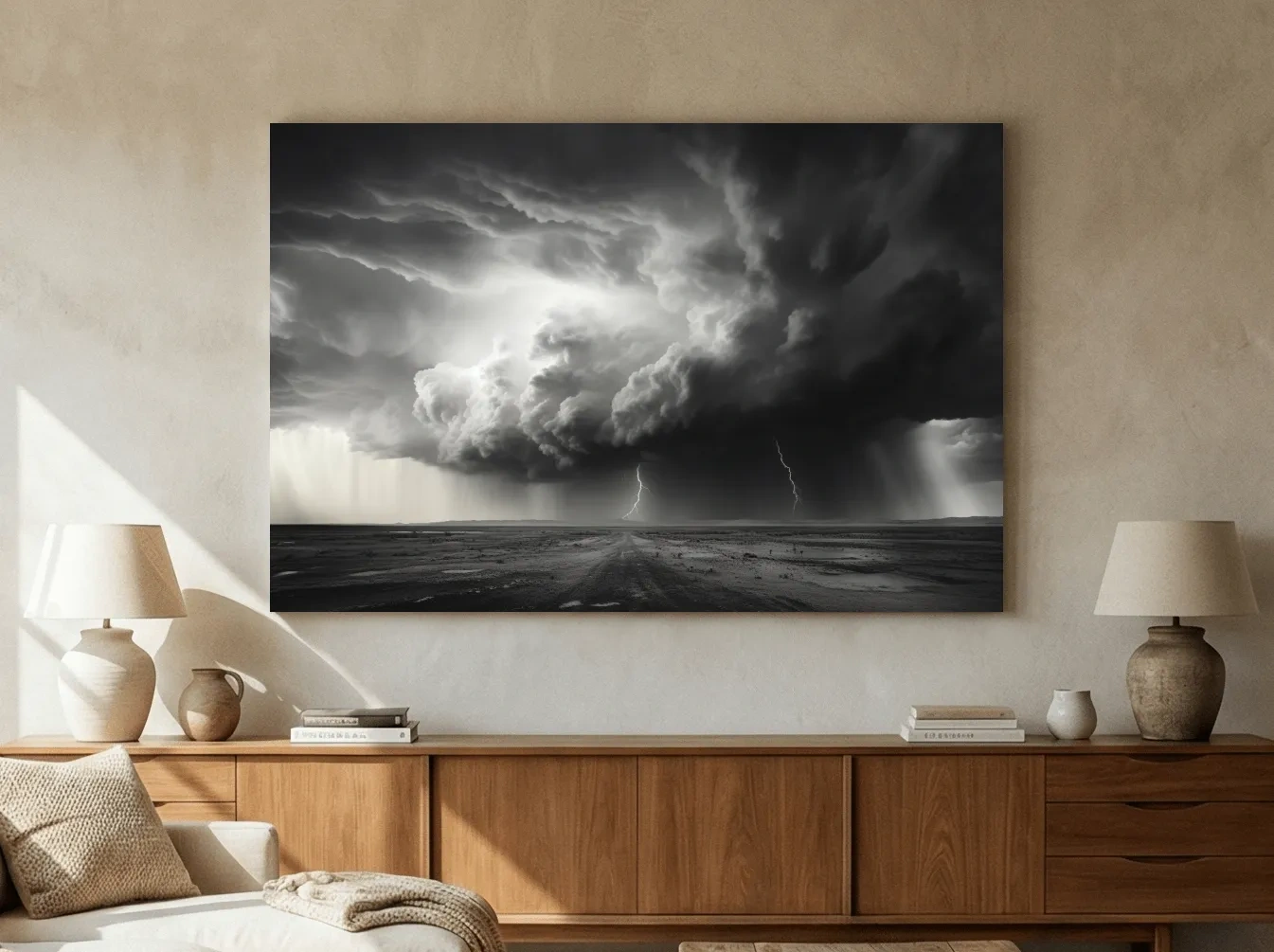 Moody Monochrome Thunderstorm Lightning Landscape - Dramatic Storm Cloud Wall Art