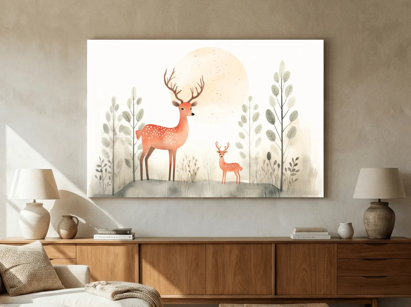 Whimsical Watercolor Deer Family Illustration - Scandinavian Nursery Forest Wall Art