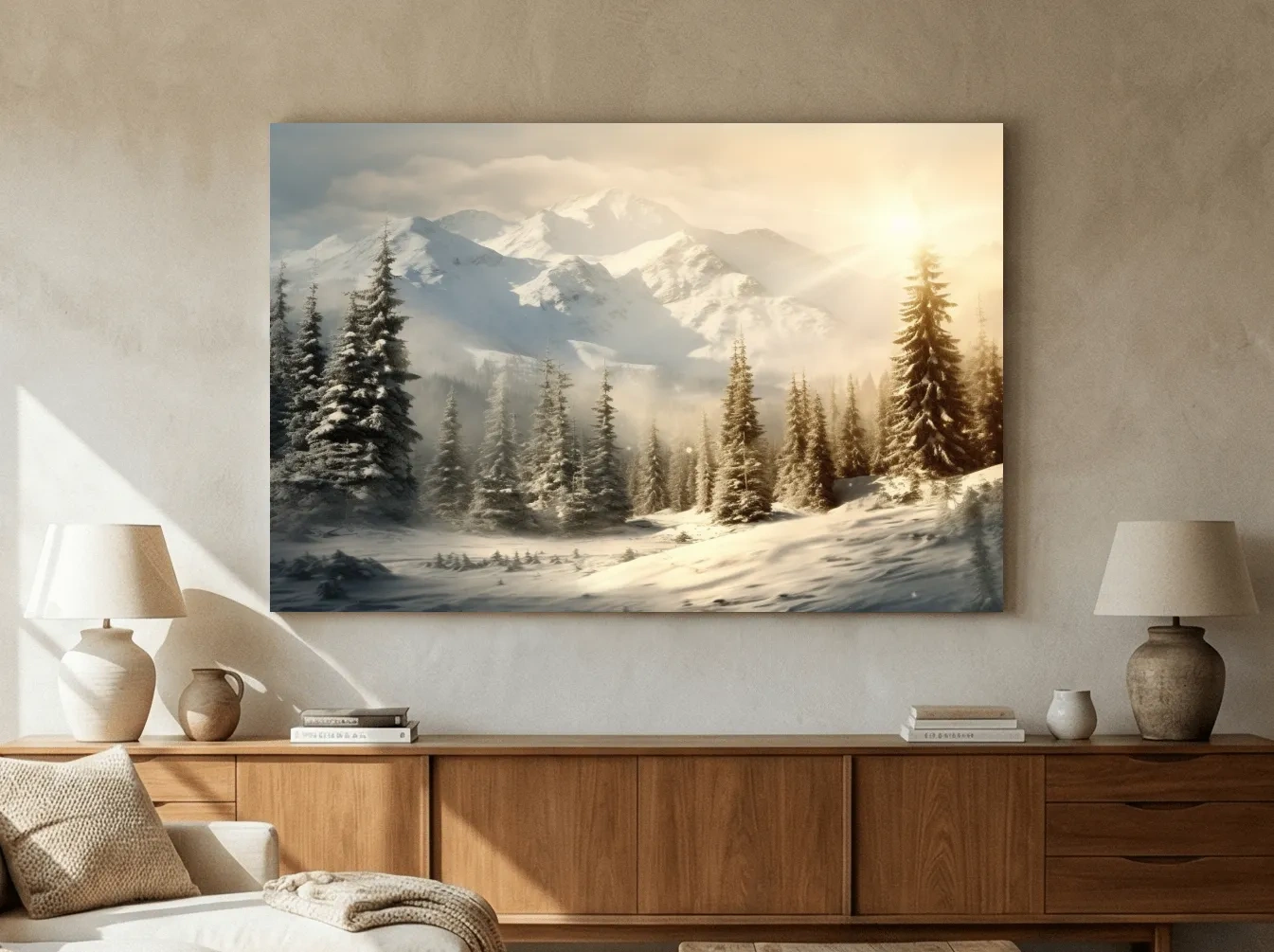 Golden Sunrise Snowy Mountain Landscape - Serene Winter Pine Forest Wall Art