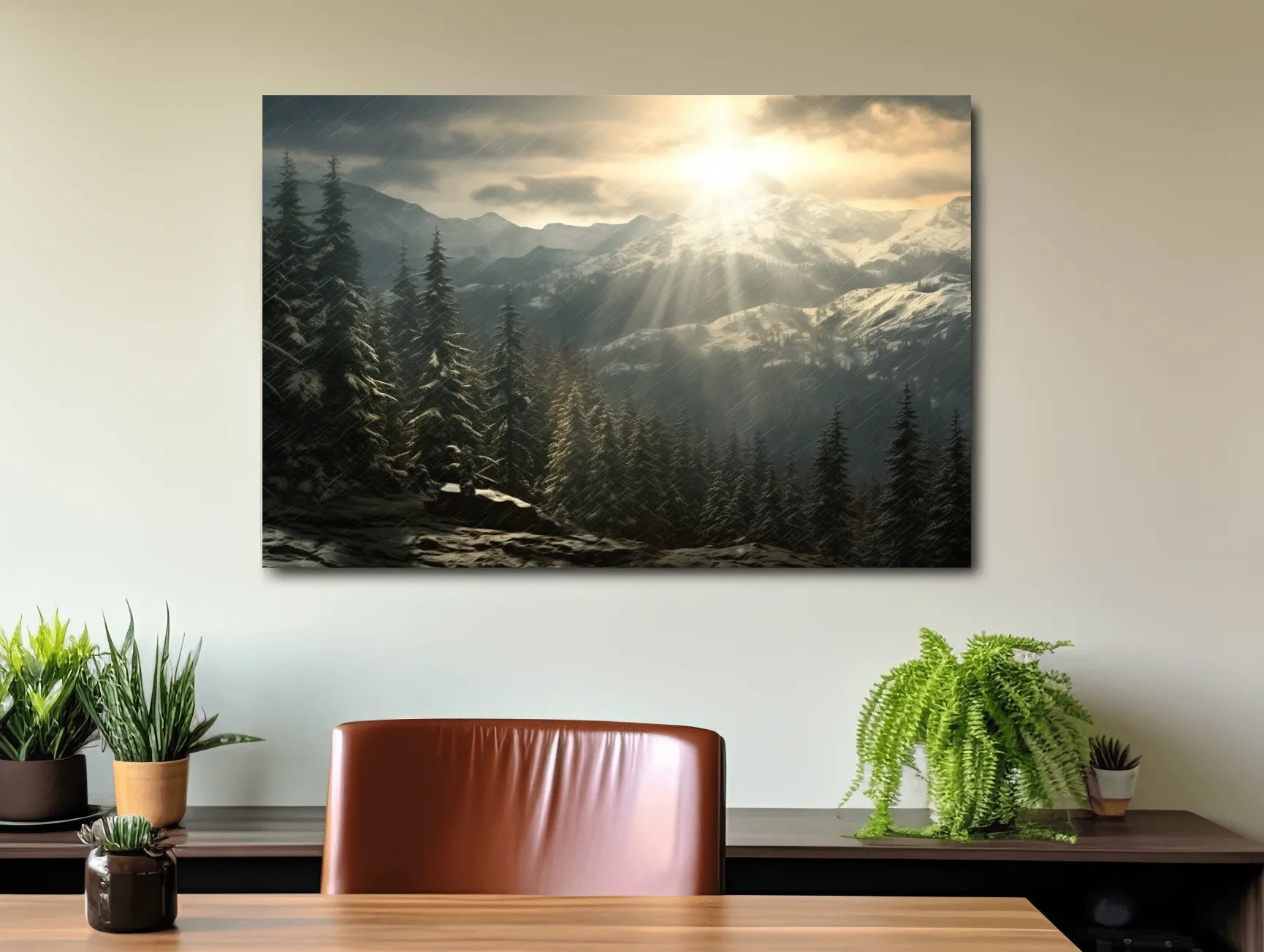 Mountain Snowstorm Sunrise Over Pine Forest - Dramatic Winter Landscape Artwork