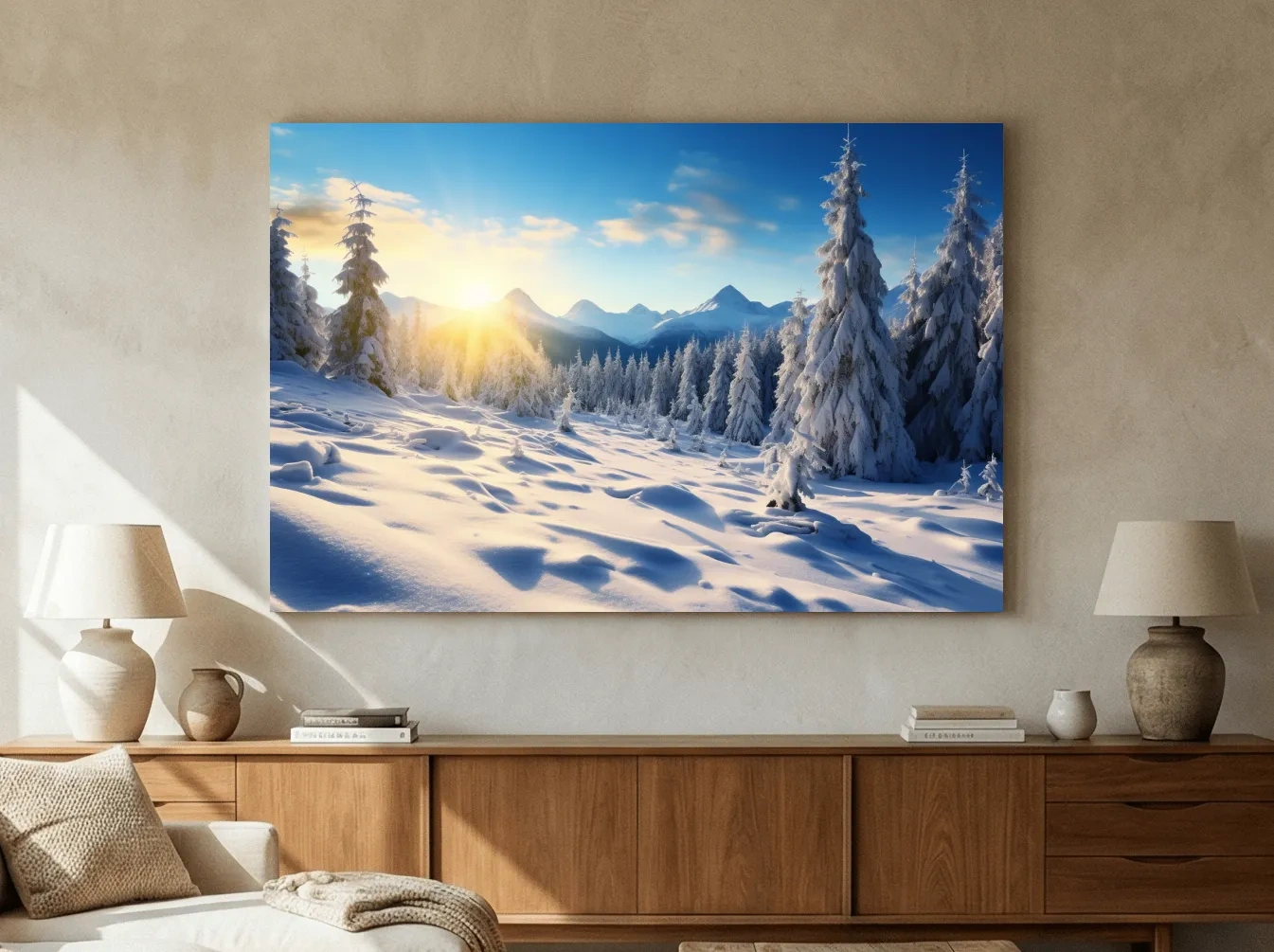 Snowy Sunrise Alpine Forest Landscape - Serene Photographic Nature Wall Art
