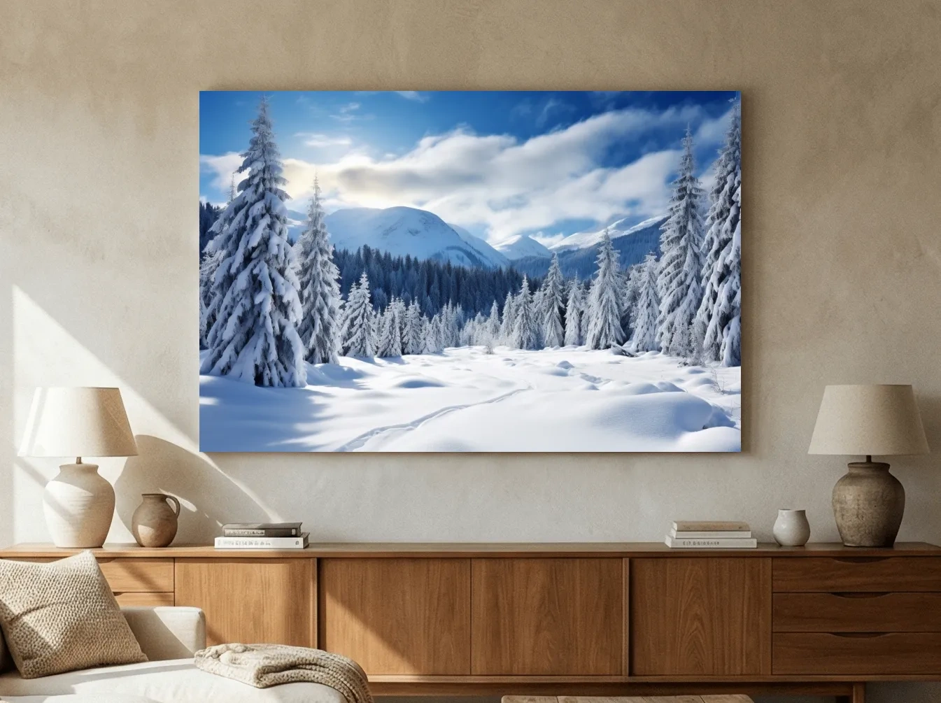 Snowy Alpine Mountain Forest Landscape - Winter Wilderness Photographic Wall Art