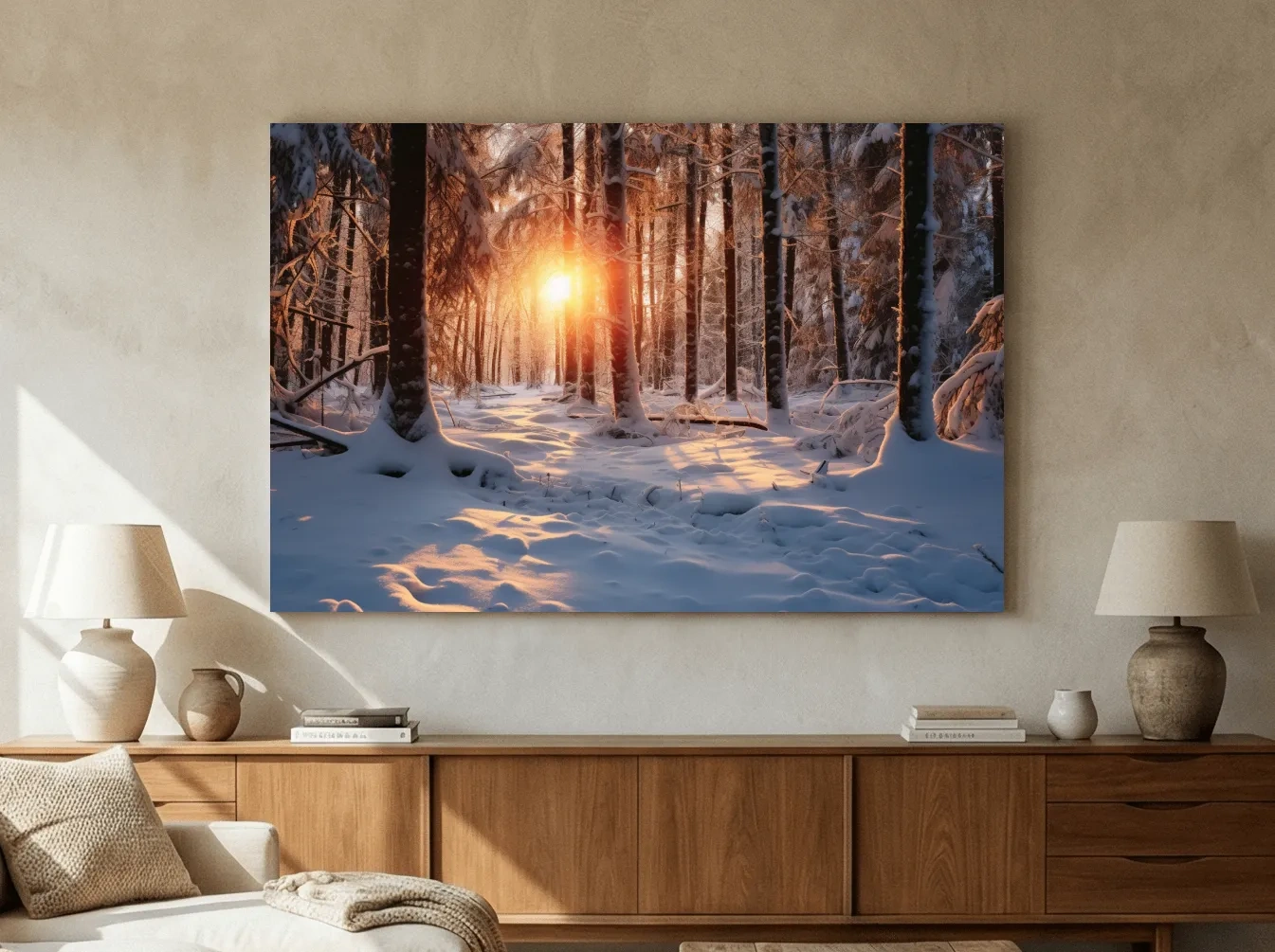 Golden Winter Sunrise Snowy Forest - Serene Nature Landscape Wall Art