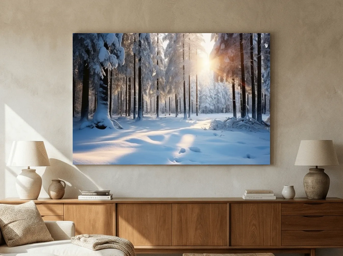 Sunlit Snowy Pine Forest Landscape - Serene Winter Nature Wall Art