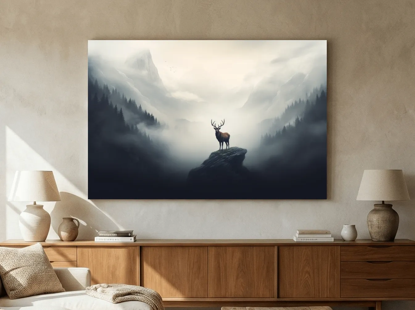 Majestic Stag On Rocky Peak - Misty Mountain Forest Wall Art