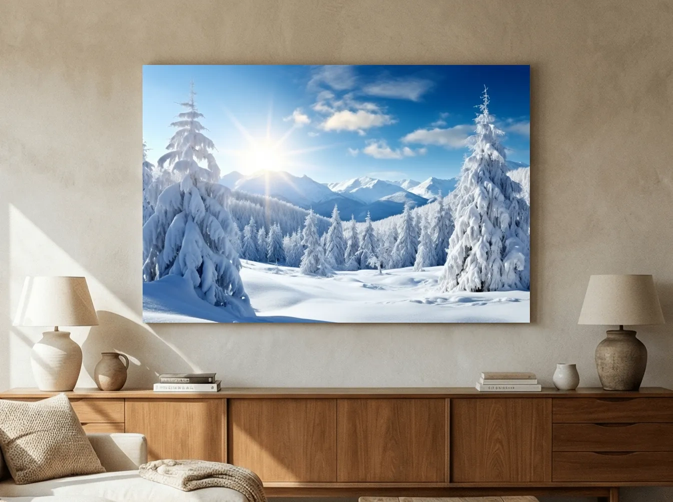 Sunlit Snowy Mountain Winter Landscape - Photographic Alpine Forest Wall Art