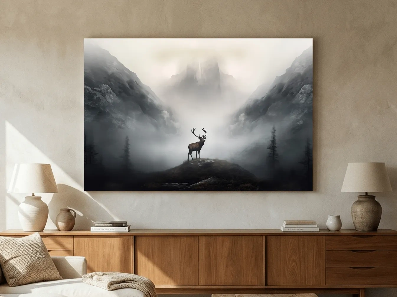 Moody Misty Mountain Stag Silhouette - Atmospheric Wildlife Landscape Art