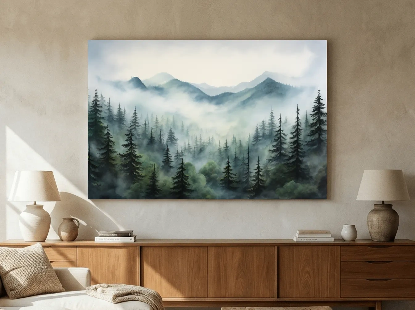 Misty Alpine Forest Painting - Foggy Mountain Landscape Art