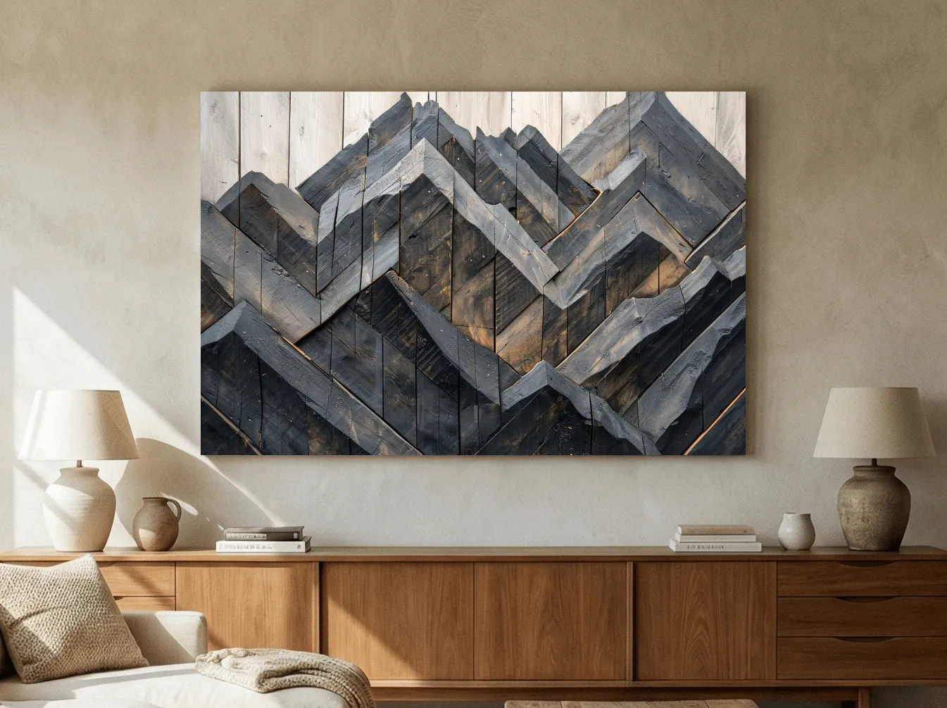 Geometric Wood Mountain Mosaic - Modern Rustic Landscape Wall Art