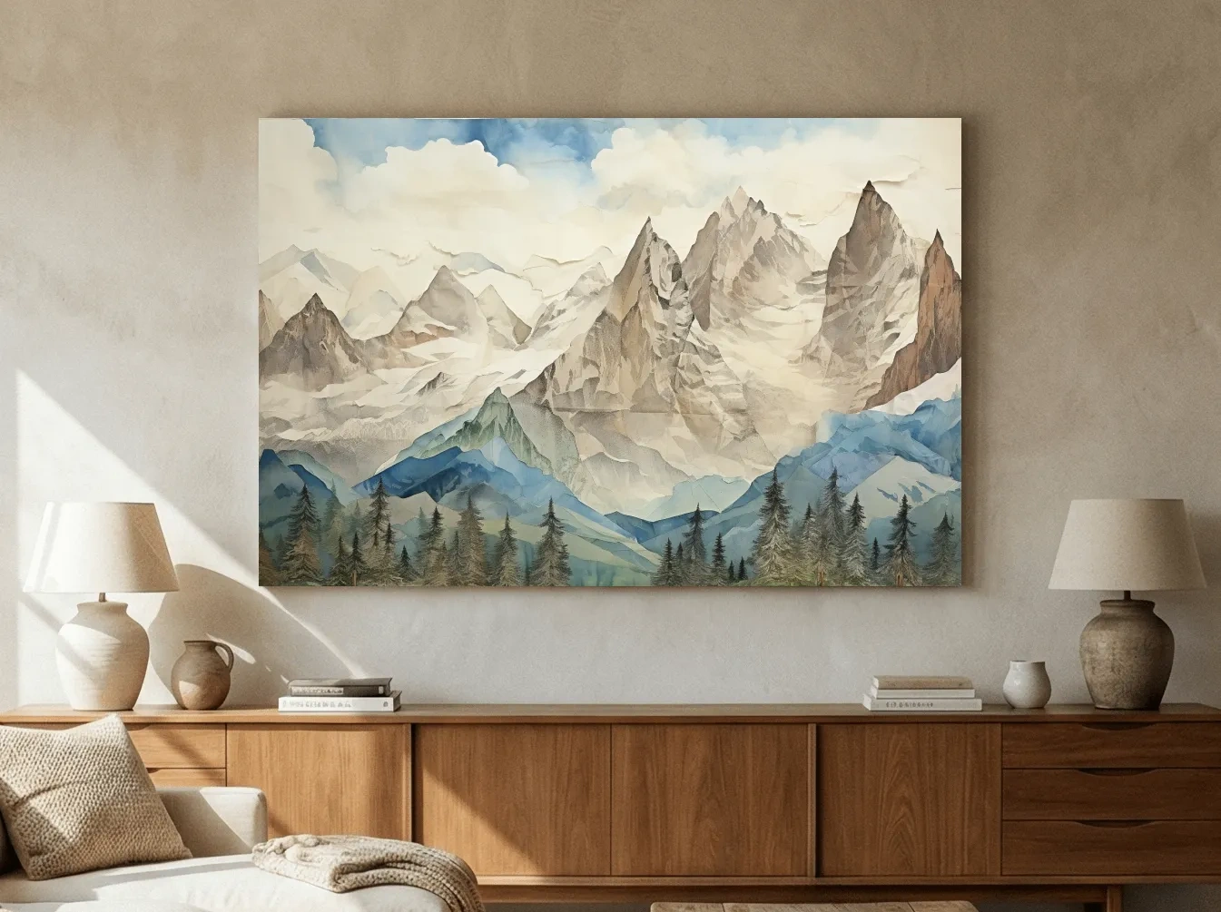 Misty Paper Cut-out Alpine Mountain Range - Serene Forest Landscape Wall Art