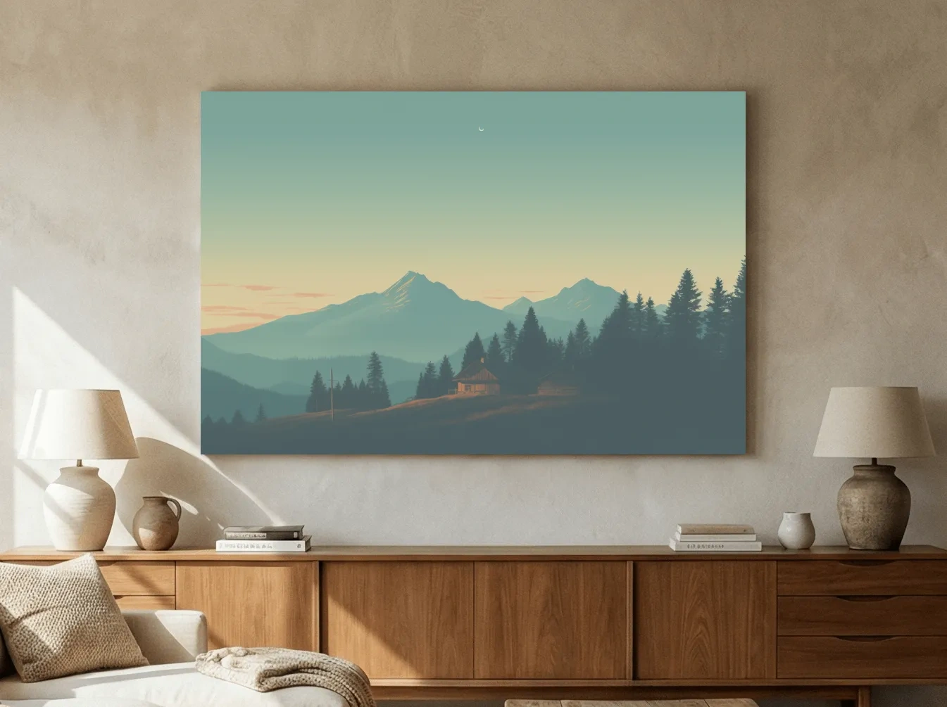 Hazy Alpine Cabin Mountain Sunset - Serene Vintage Landscape Wall Art