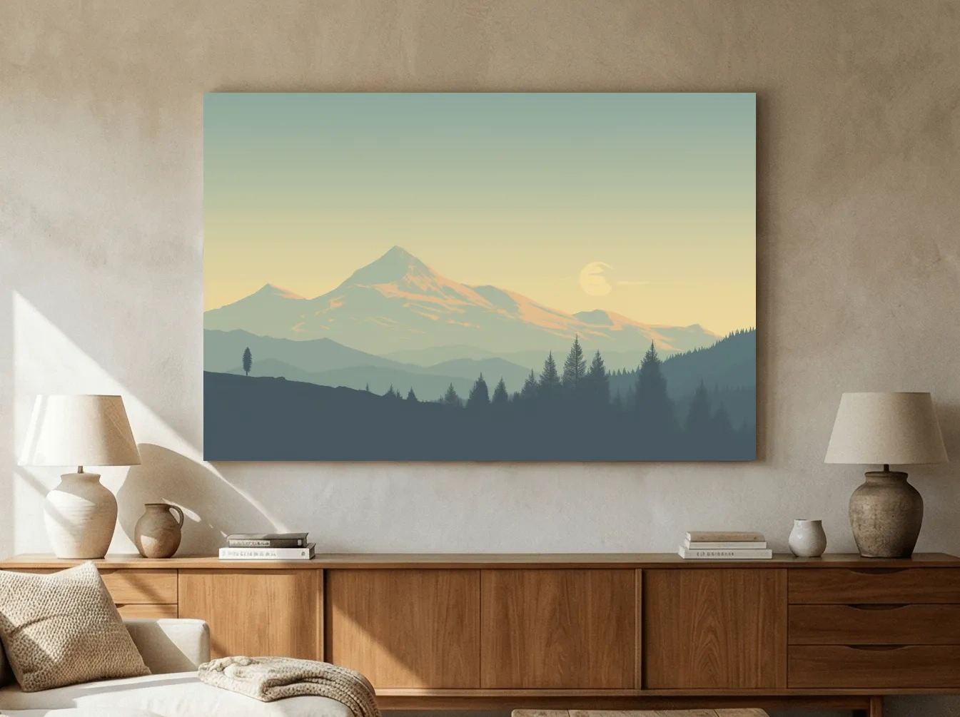 Minimalist Misty Mountain Sunrise Landscape - Serene Alpine Forest Wall Art