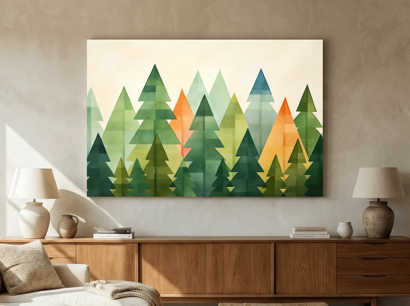 Geometric Watercolor Pine Forest Landscape - Modern Scandinavian Nature Wall Art