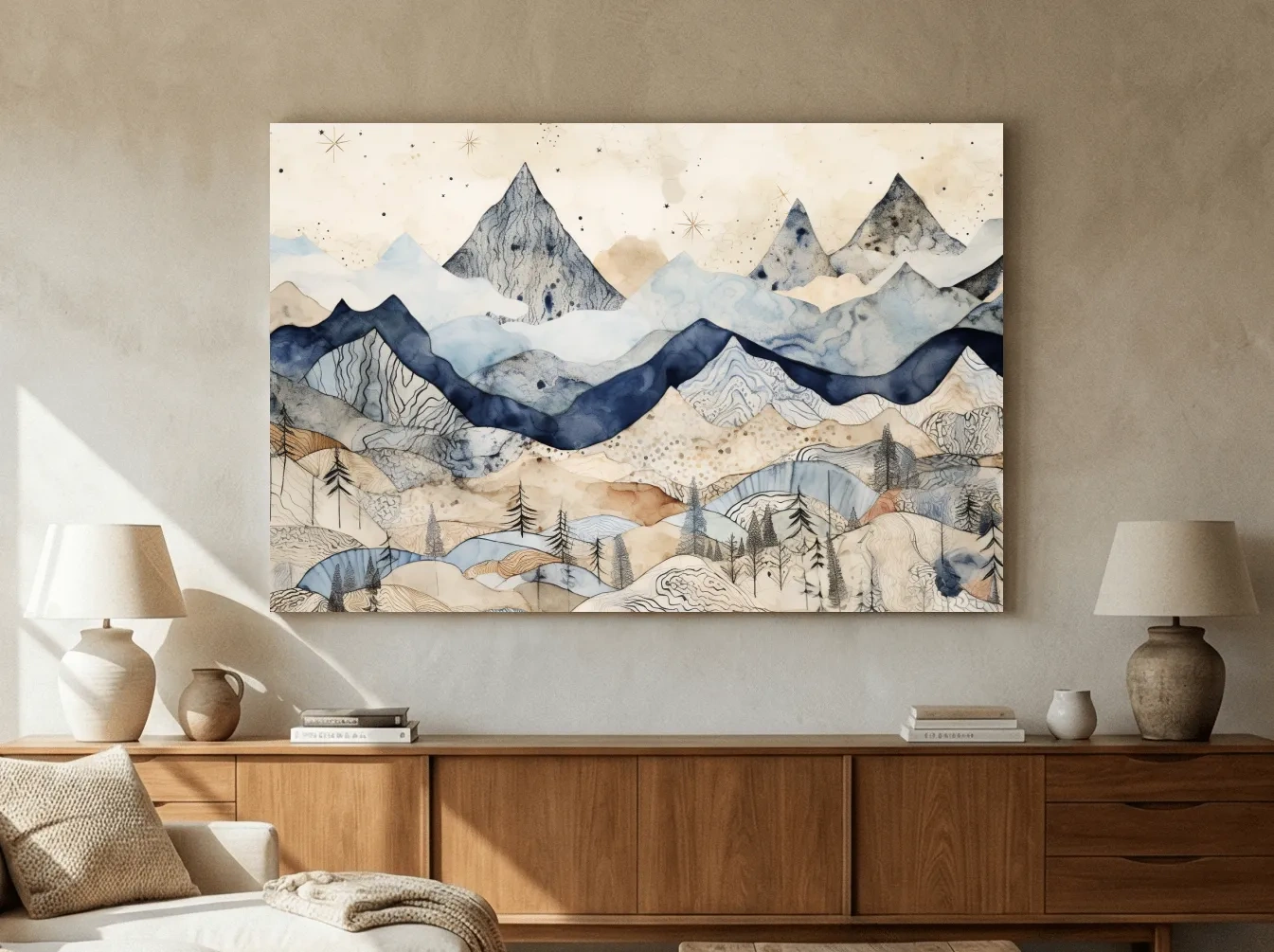 Patchwork Watercolor Mountain Range - Modern Alpine Landscape Wall Art