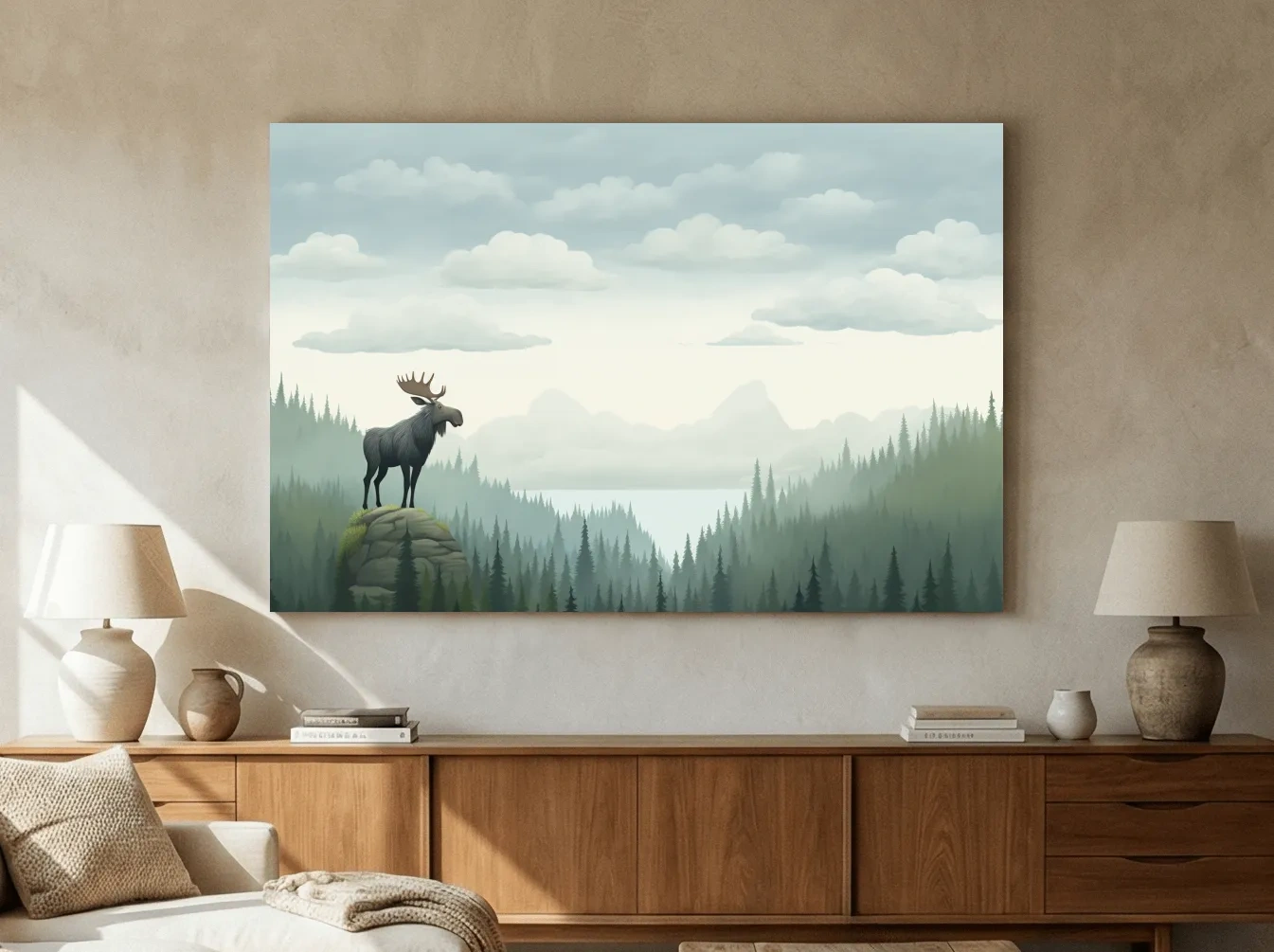 Majestic Moose Over Pine Forest - Nursery Wildlife Mountain Wall Art