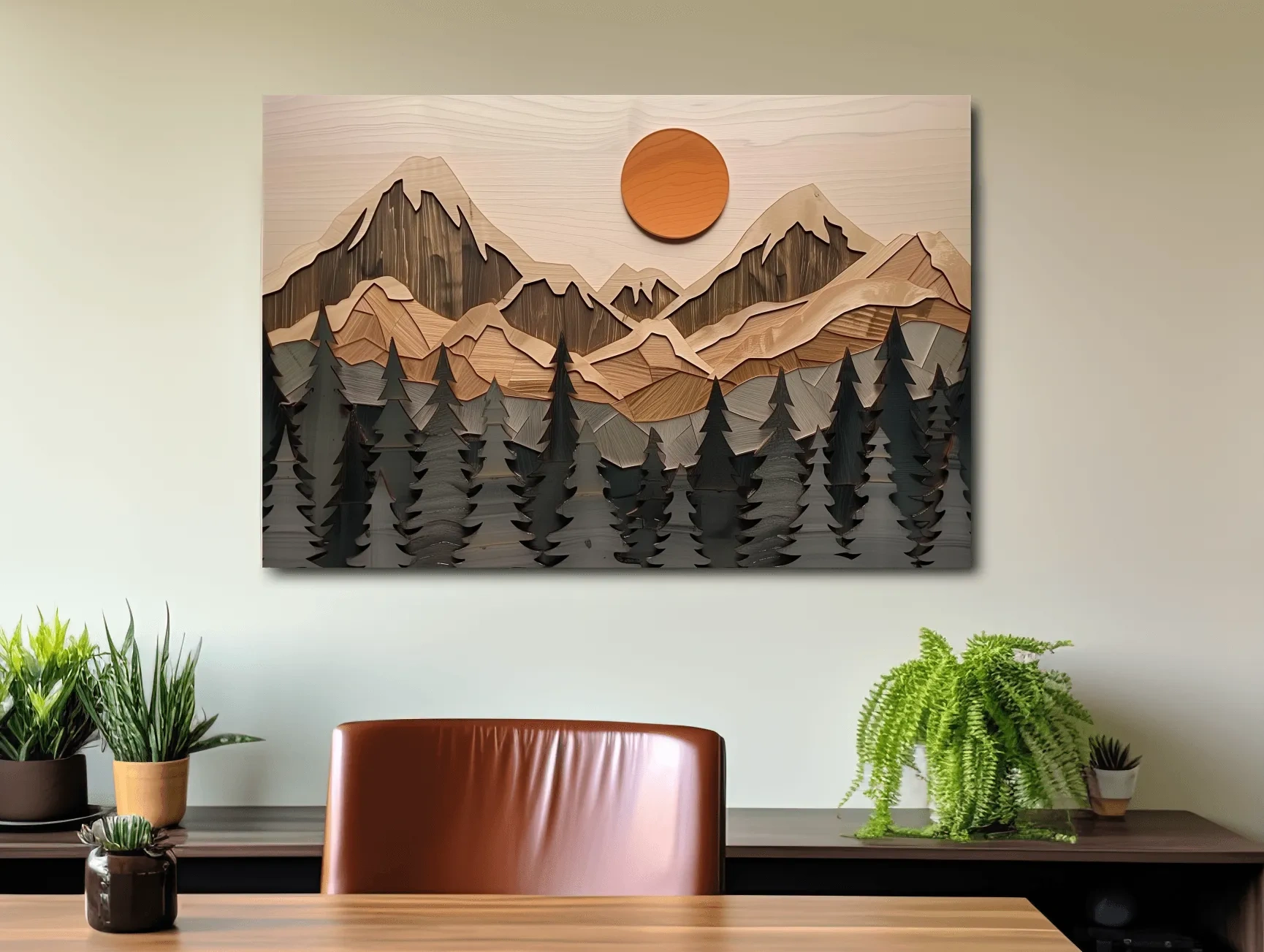 Rustic Geometric Wood Grain Mountain Sunrise - Pine Forest Landscape Wall Art