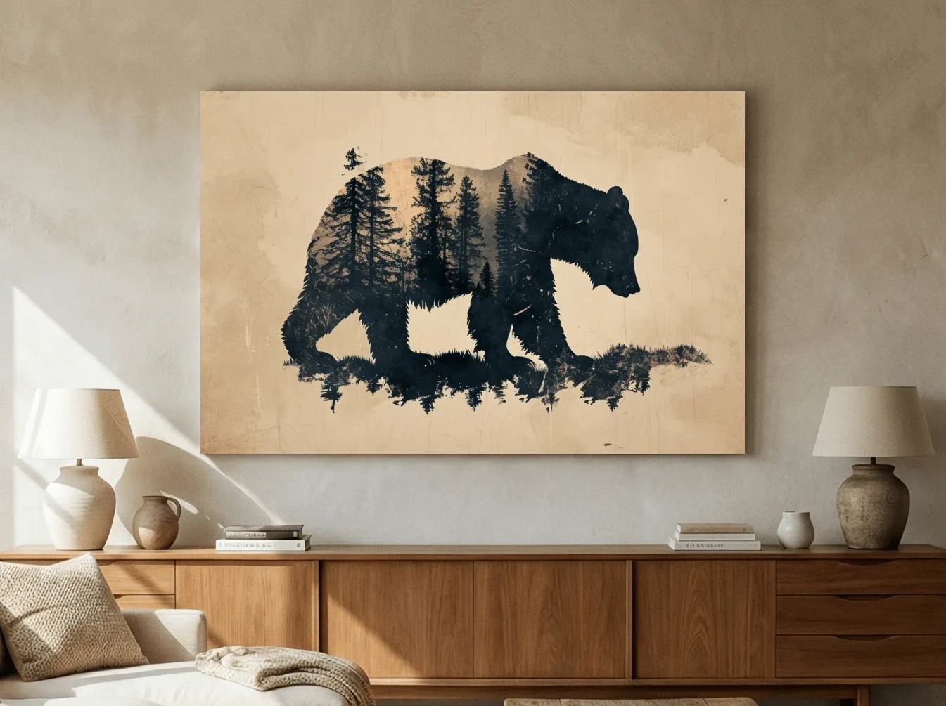Vintage Grizzly Bear Forest Silhouette - Rustic Sepia Double Exposure Wildlife Wall Art