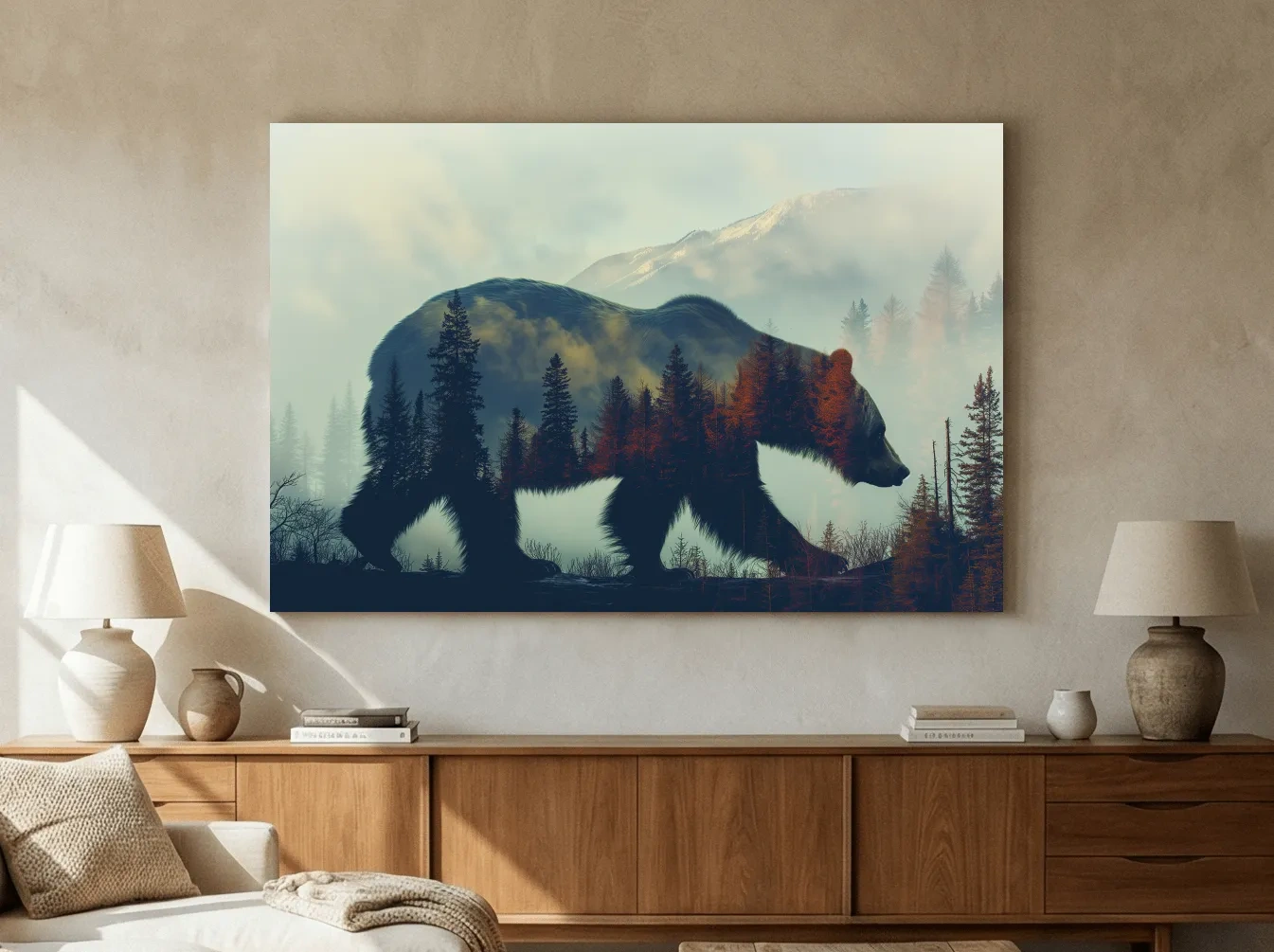 Moody Double Exposure Grizzly Bear Silhouette - Misty Pine Forest Mountain Wall Art