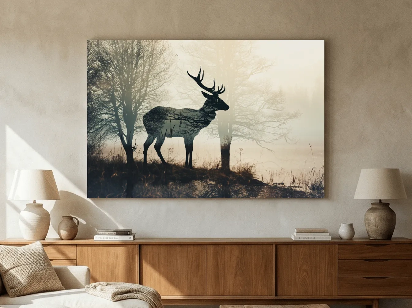 Misty Deer Silhouette Forest Landscape - Double Exposure Wildlife Photography Wall Art