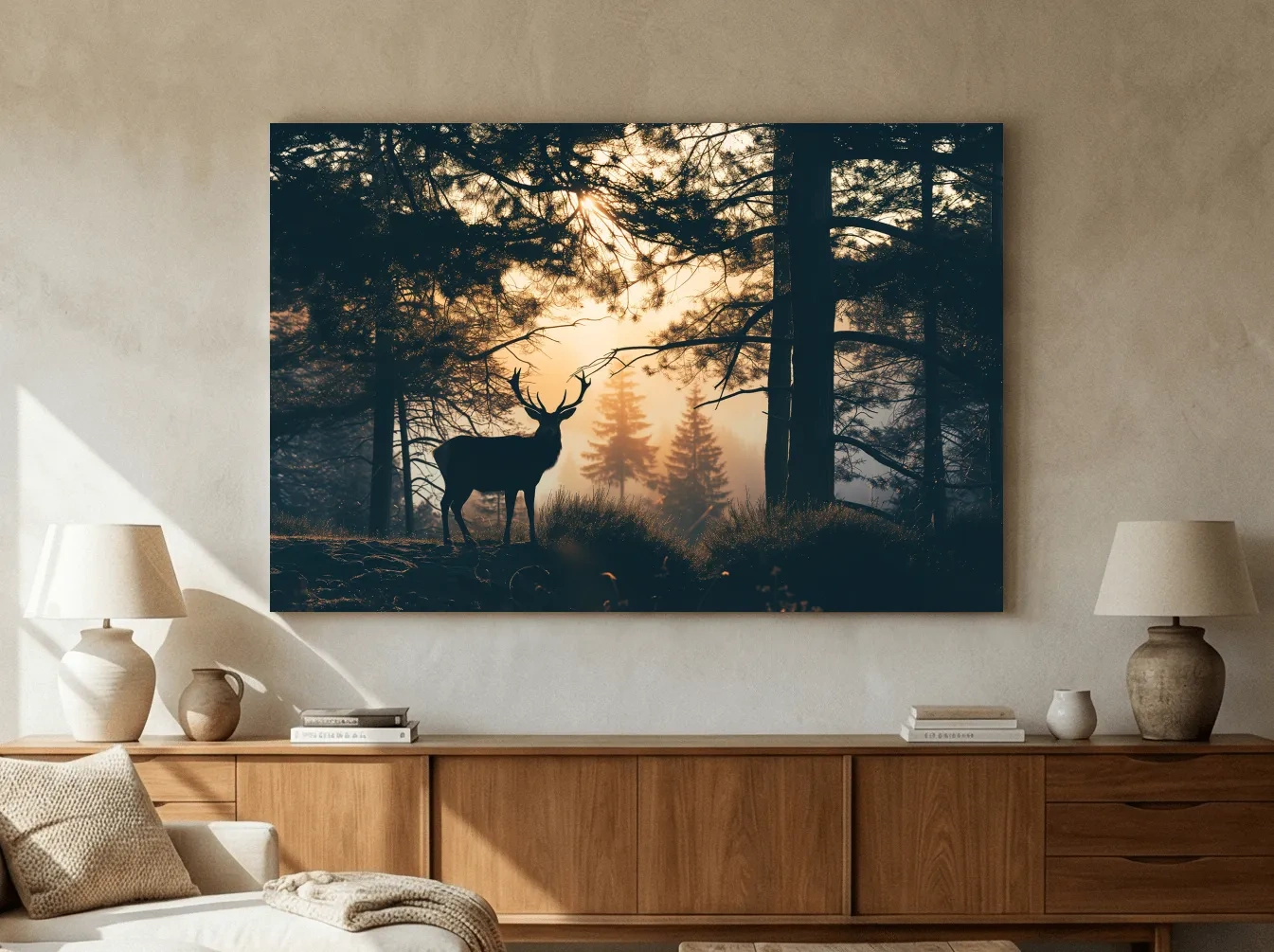 Moody Deer Silhouette In Misty Pine Forest - Golden Sunrise Wildlife Wall Art