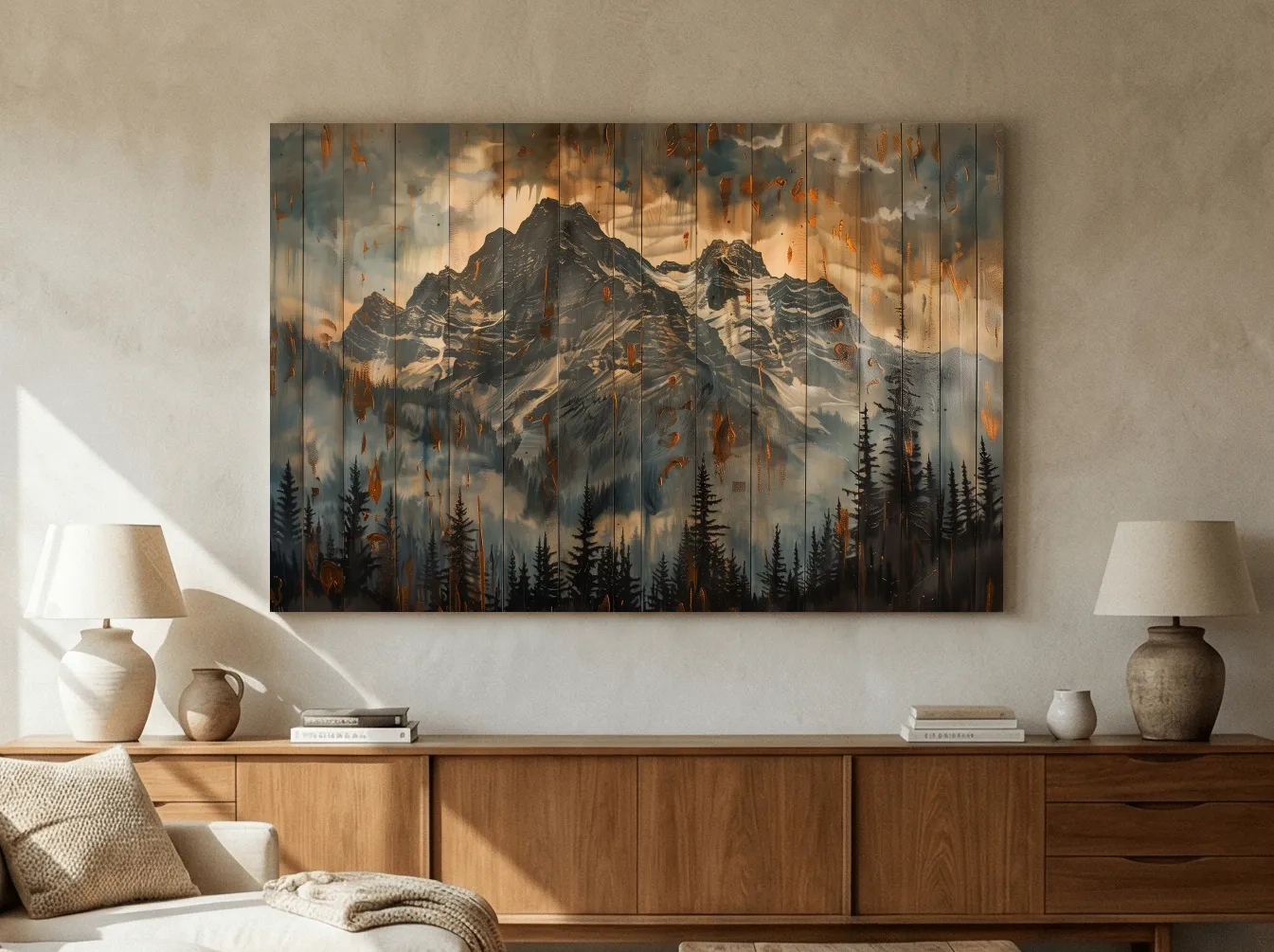Rustic Mountain Range Painting - Alpine Forest Wood Panel Wall Art