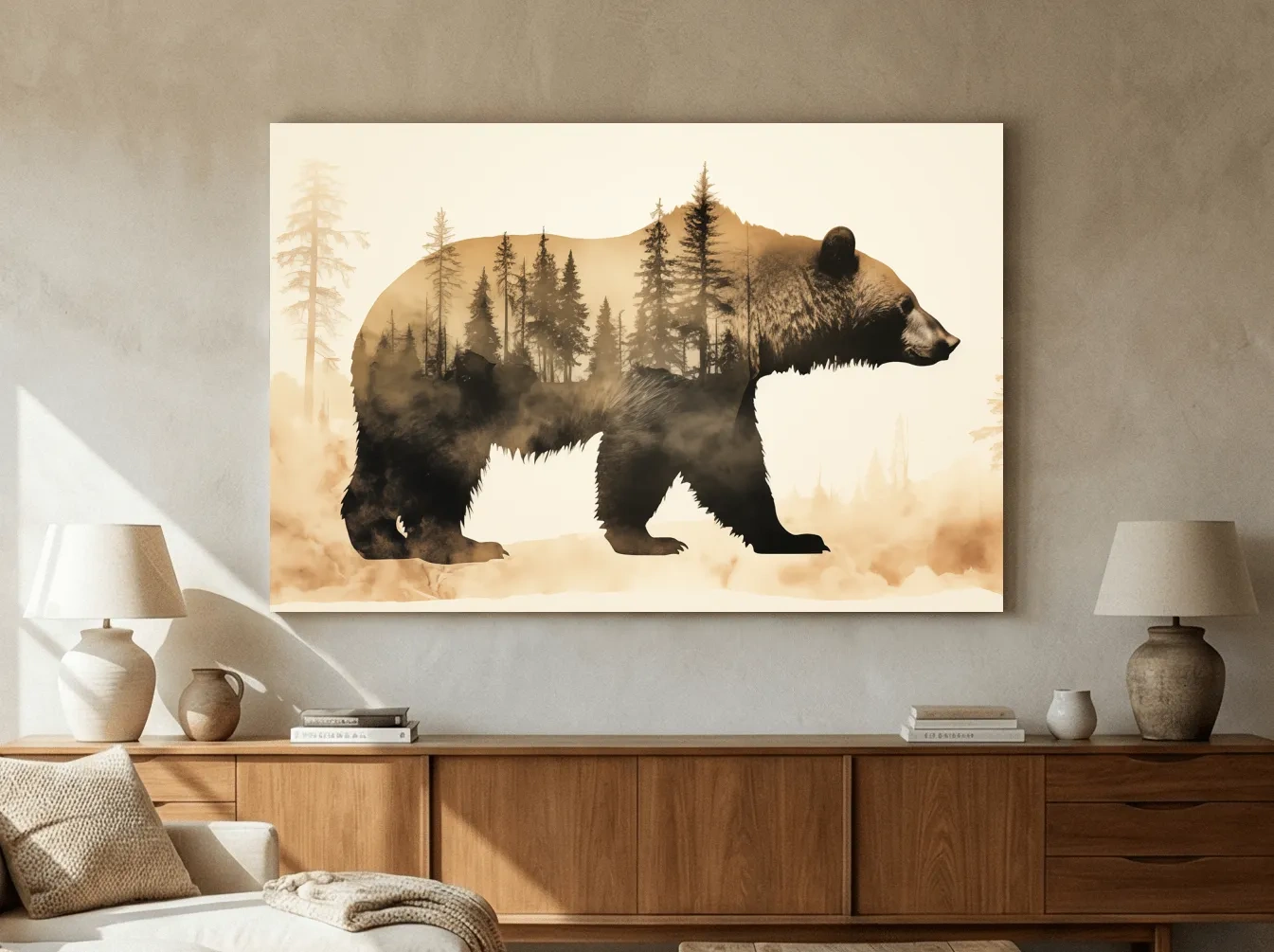 Double Exposure Grizzly Bear Forest Silhouette - Misty Wilderness Nature Artwork