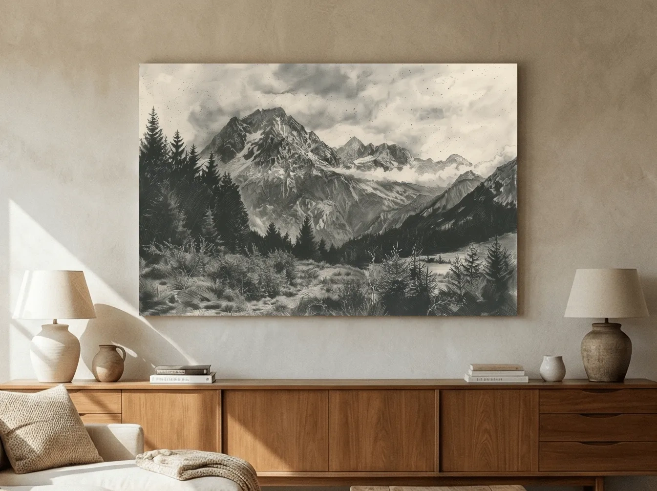 Monochrome Alpine Meadows Mountain Range - Vintage Sketch Landscape Wall Art