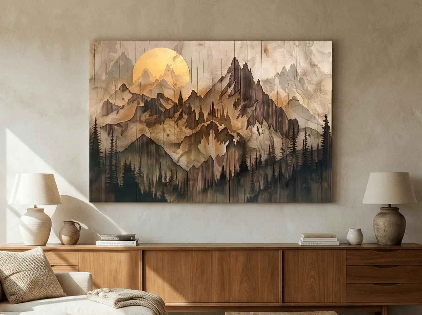 Rustic Sepia Mountain Sunrise Landscape - Vintage Wood Grain Watercolor Artwork