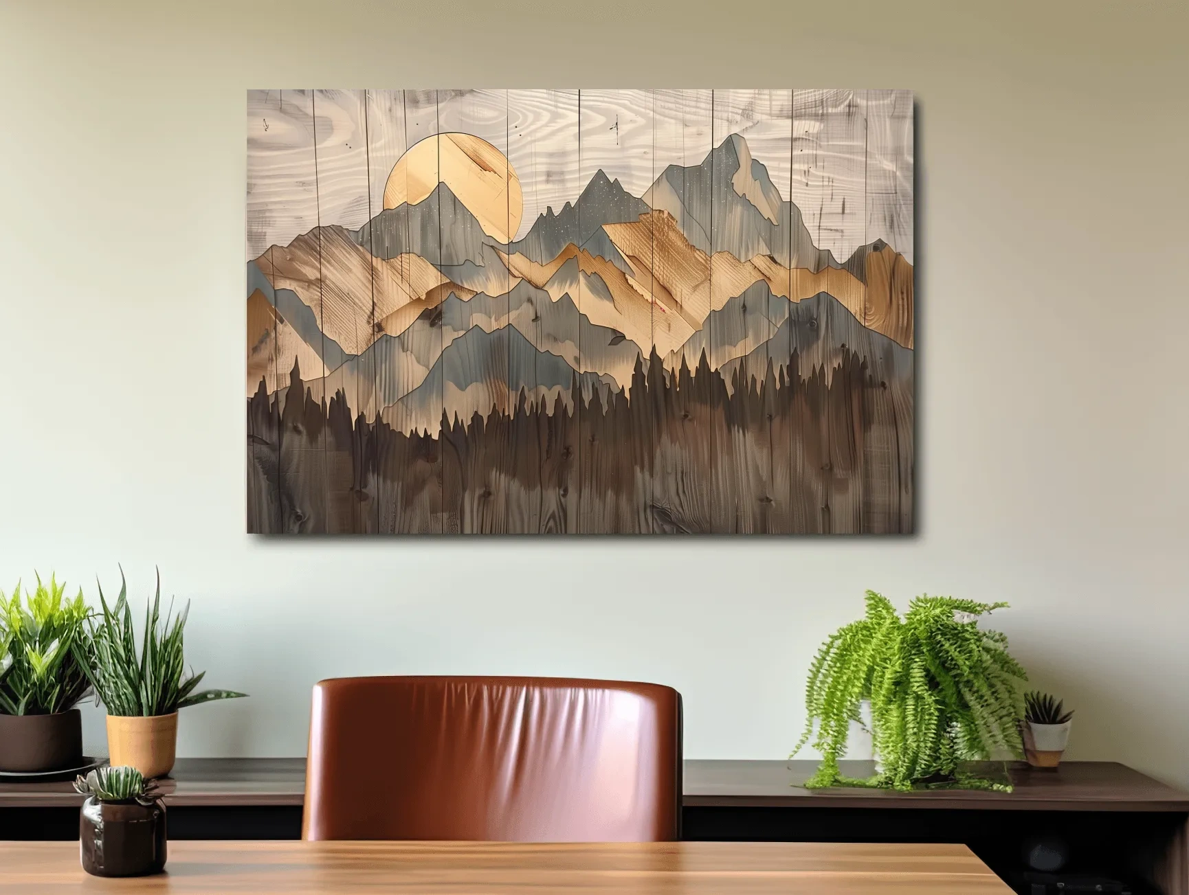 Rustic mountain artwork, painting on wood panel effect