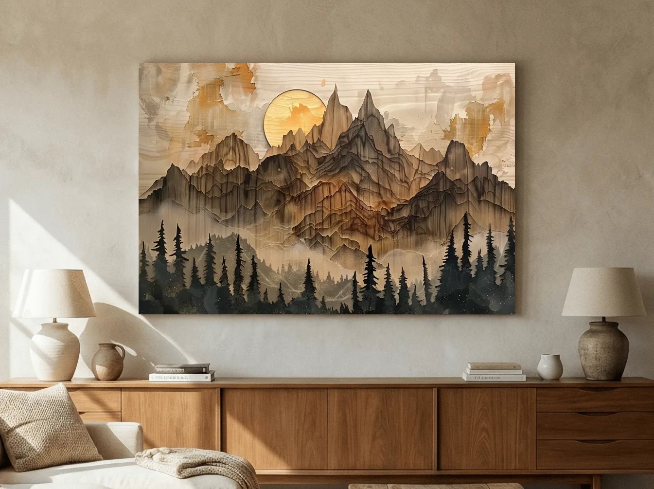 Rustic Mountain Sunset Landscape - Woodcut Style Alpine Wall Art