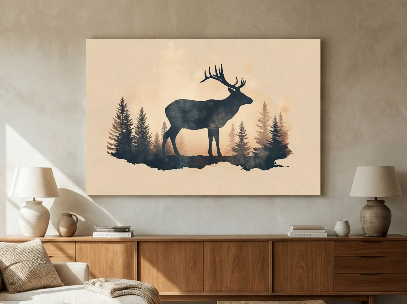 Vintage Sepia Deer Silhouette In Pine Forest - Rustic Woodland Artwork