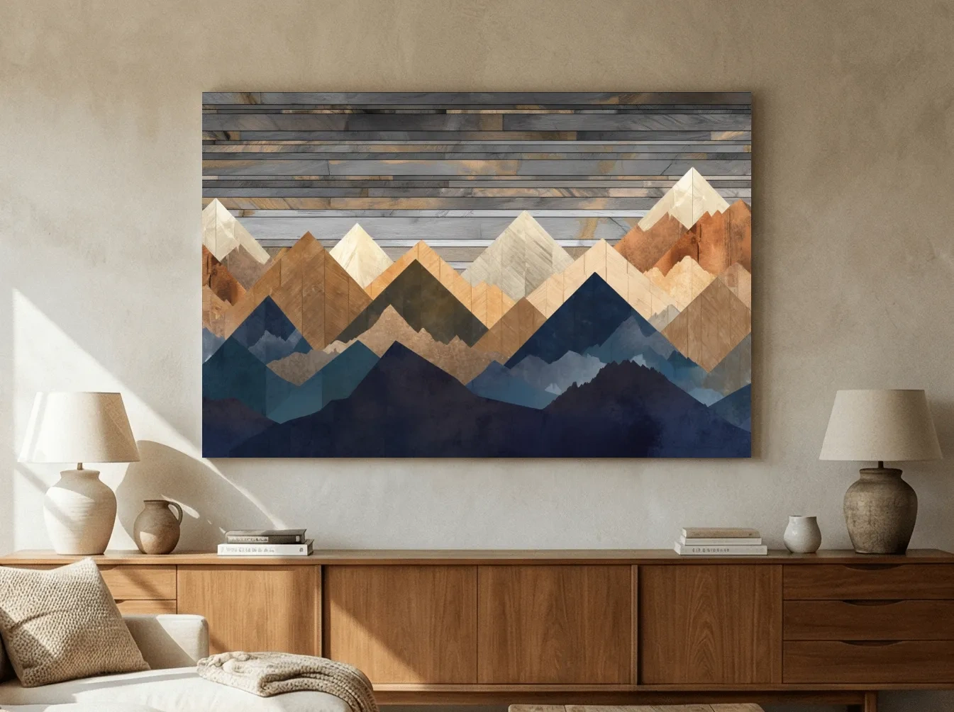 Geometric Layered Mountain Peaks - Rustic Wood Texture Abstract Wall Art