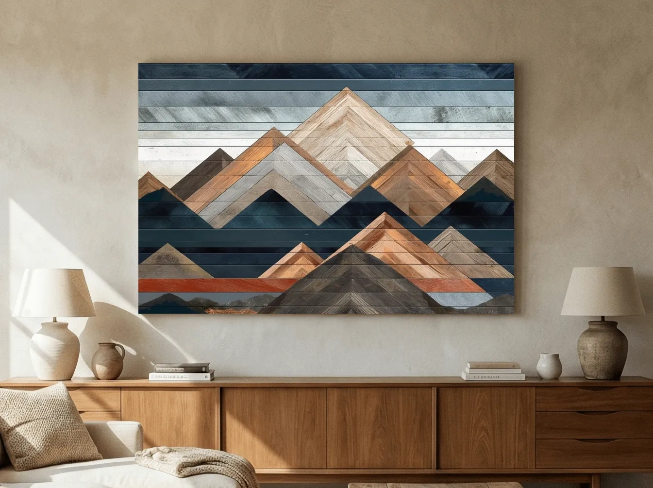 Geometric Woodgrain Mountain Peaks - Modern Abstract Landscape Wall Art